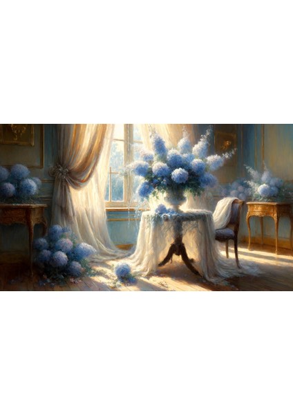 Lüks Salon Temalı Arkaplan Mavi Çiçekler ve Altın Detaylar ile 200 x 150 cm Fon Duvar Örtüsü