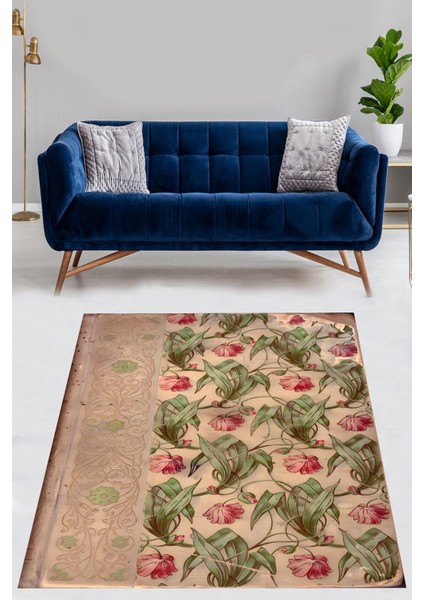 Kahverengi Zeminde Floral Motifli Çiçek ve Yaprak Desenli Yıkanabilir Kaymaz Taban Leke Tutmaz Salon Halısı fiyatları