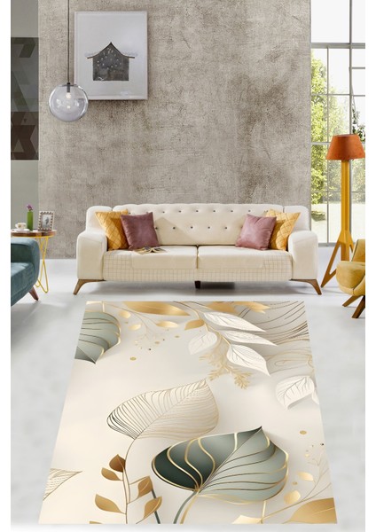 Yaprak Desenli Modern Minimalist Lüks Yıkanabilir Kaymaz Taban Leke Tutmaz Salon Halısı