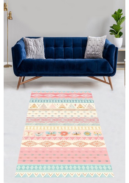 Pastel Renk Geometrik Desen Yıkanabilir Kaymaz Taban Leke Tutmaz Salon Halısı