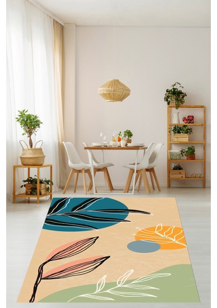 Iskandinav Yaprak Desenli Bohem Yıkanabilir Kaymaz Taban Leke Tutmaz Salon Halısı Yolluk