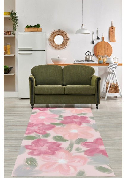 Suluboya Vintage Soft Çiçekli Yıkanabilir Kaymaz Taban Leke Tutmaz Salon Halısı