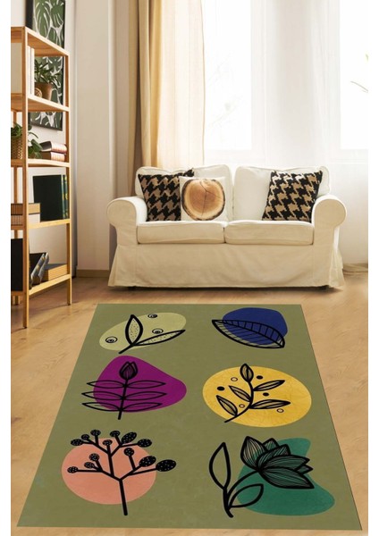 Yeşil Zemin Iskandinav Stil Çiçek Desen Yıkanabilir Kaymaz Taban Leke Tutmaz Salon Halısı Yolluk