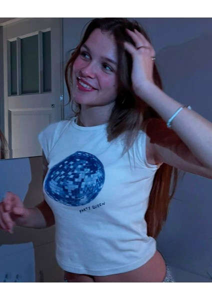 Y2K Tech Star Queen Party Miss Beyaz Yarım Kadın Bluz Crop Top T-Shirt