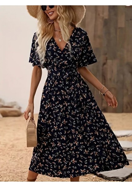 Kadın Kısa Kollu Kruvaze Yaka Beli Kuşaklı Minik Kahve Çiçek Desen Midi Boy Süprem Elbise