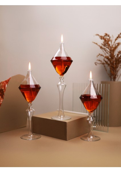 Love Amber cam Kandil Seti (3 Adet Cam Kandil - 200 ml Kandil Yağı - 3 Adet Kandil Fitili )