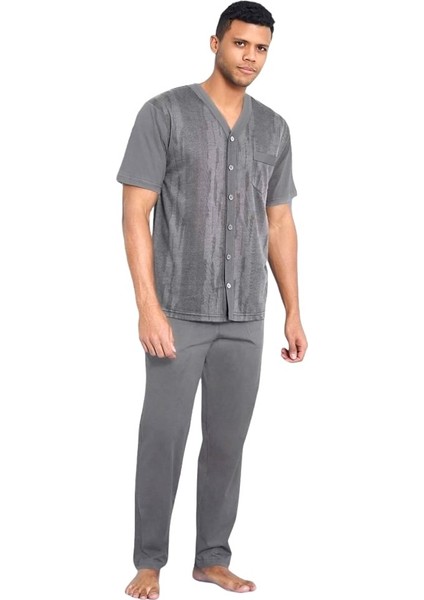 Jakarlı Kısa Kol Önden Düğmeli Gömlek Erkek Pijama Takım
