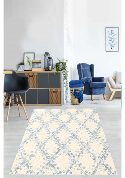 Beyaz Zemin Mavi Geometrik Desen Modern Yıkanabilir Kaymaz Taban Leke Tutmaz Salon Halısı