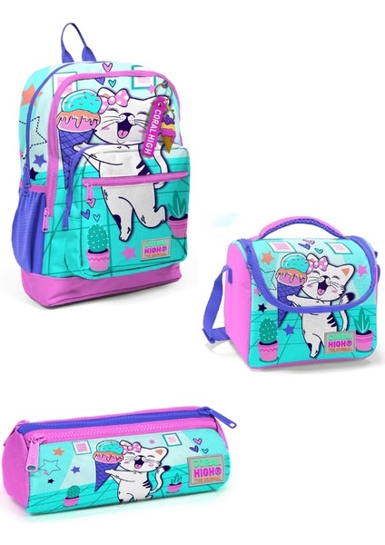 Turkuaz Pembe Dondurmalı Kedi Desenli 3’lü Okul Çanta Seti