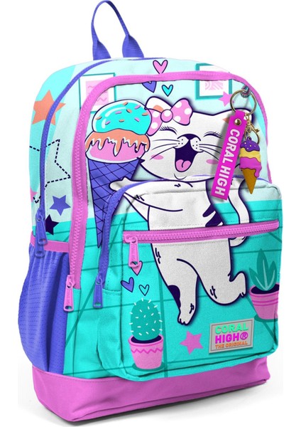 Turkuaz Pembe Dondurmalı Kedi Desenli 3’lü Okul Çanta Seti modelleri