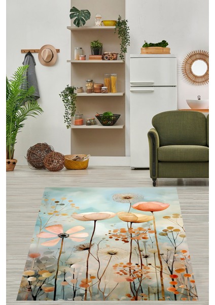 Floral Desen Modern Yıkanabilir Kaymaz Taban Leke Tutmaz Salon Halısı
