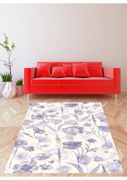 Beyaz Zemin Floral Desen Minimal Yıkanabilir Kaymaz Taban Leke Tutmaz Salon Halısı
