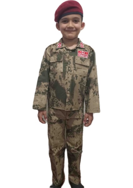 Jandarma Kamuflaj Desenli Unisex Gömlekli Çocuk Takımı Bordo-Mavi Bereli