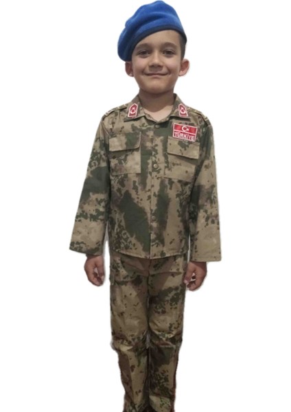 Jandarma Kamuflaj Desenli Unisex Gömlekli Çocuk Takımı Bordo-Mavi Bereli
