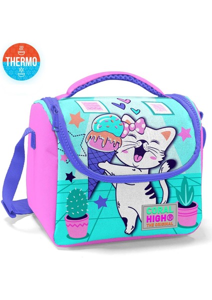 Turkuaz Pembe Dondurmalı Kedi Desenli 3’lü Okul Çanta Seti