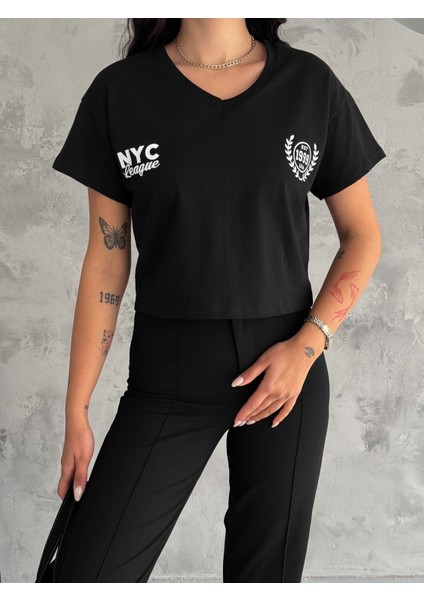 Noa&noa Nyc Baskı Detaylı V Yaka Kısa Kollu Kadın T-Shirt