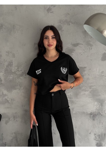 Noa&noa Nyc Baskı Detaylı V Yaka Kısa Kollu Kadın T-Shirt