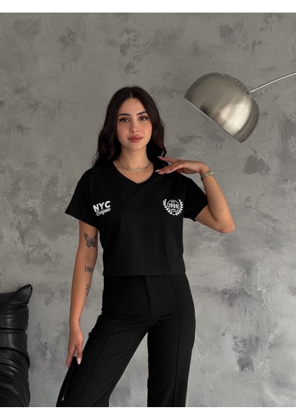 Noa&noa Nyc Baskı Detaylı V Yaka Kısa Kollu Kadın T-Shirt