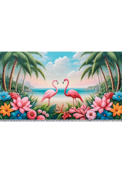 Egzotik Flamingo ve Çiçeklerle Süslenmiş Sahil Arka Planı 200 x 150 cm Fon Duvar Örtüsü