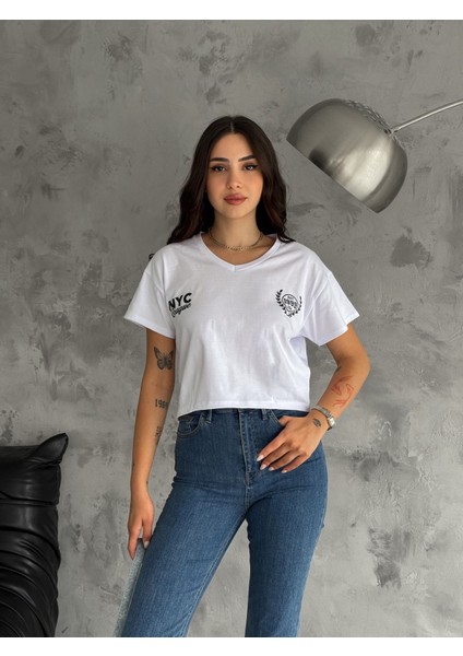 Noa&noa Nyc Baskı Detaylı V Yaka Kısa Kollu Kadın T-Shirt