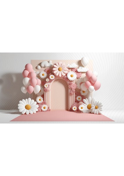 Pembe ve Beyaz Papatya ve Balonlarla Süslenmiş Arka Plan 200 x 150 cm Fon Duvar Örtüsü