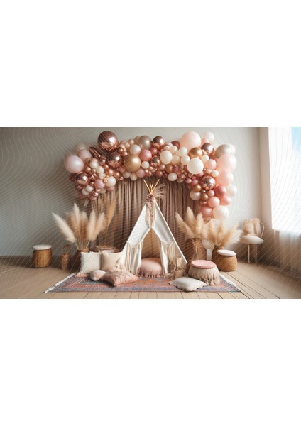 Boho Bebek Çadırı ve Balonlu Arka Plan Rose Gold ve Beyaz Balonlarla Dekore Edilmiş 200 x 150 cm Fon Duvar Örtüsü