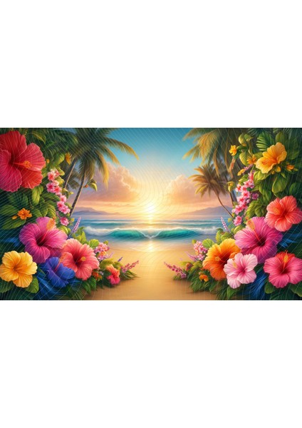 Tropikal Gün Batımı ve Hibiskus Çiçekleri ile Süslenmiş Plaj Arka Planı 200 x 150 cm Fon Duvar Örtüsü