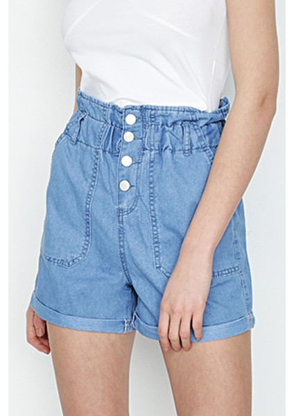 Kadın Beli Lastikli Denim Şort
