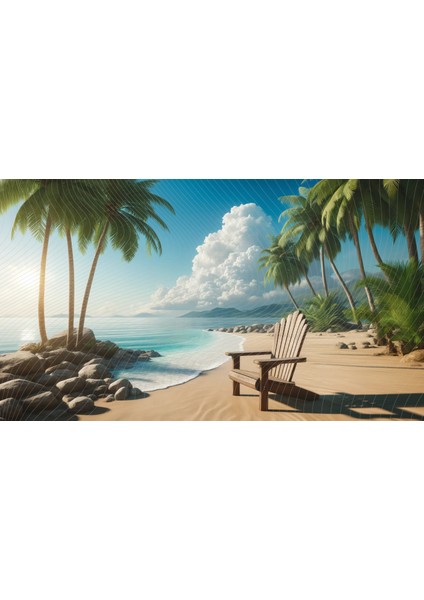 Tropik Plaj Temalı Arkaplan ile Ahşap Sandalye 200 x 150 cm Duvar Örtüsü Fon