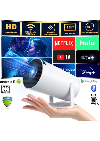 Mini Projeksiyon Taşınabilir Projeksiyon Cihazı Hd Projeksiyon Cihazı Android 11 Android Tv Projeksiyon Cihazı Ev Sinema Projeksiyon Akıllı Hoparlörlü Projeksiyon Wifi Bluetooth Taşınabilir