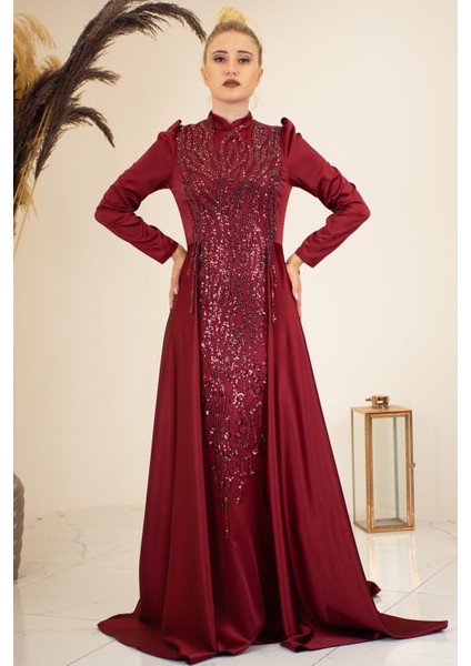 Damla Tesettür Abiye Bordo