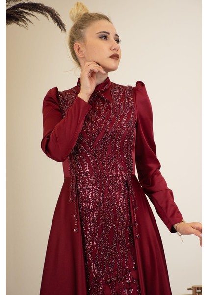 Damla Tesettür Abiye Bordo