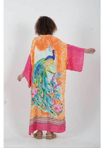 Zelish My Sister Oranj Tavus Kuşu Desenli Kimono