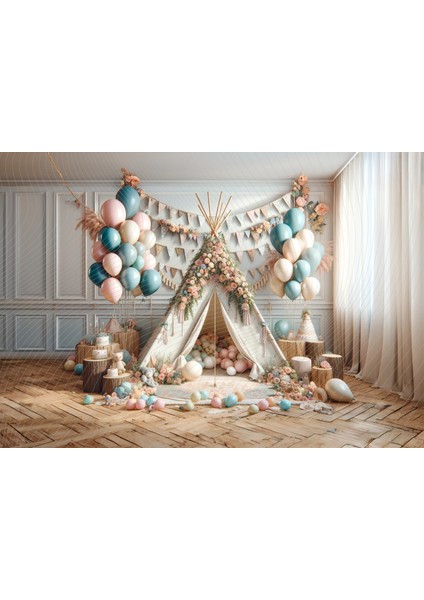 Vintage Çadır ve Balonlu Arkaplan 200 x 150 cm Pastel Temalı Parti ve Fotoğrafçılık Için Fon Duvar Örtüsü
