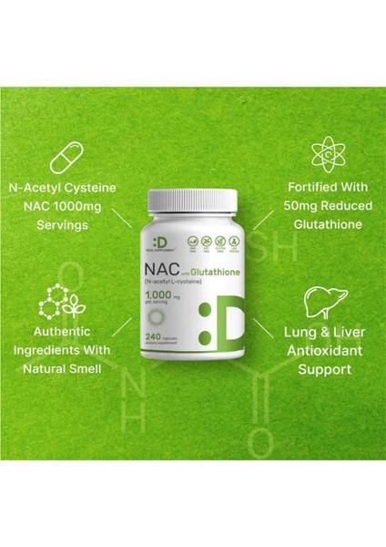 Nac Supplement (N-Acetyl Cysteine) 1 000*MG Per Serving With Reduced Glutathione 240*CAPSULES – Antioxidant Support For Immune Health Lung & Liver Function