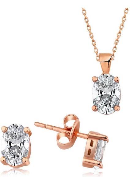 Gümüş Rose Oval Taş Ikili Set