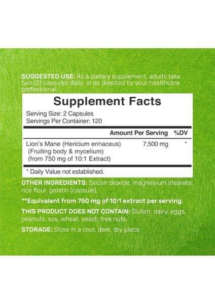 Lions Mane Mushroom Supplement 7 500*MG Per Serving 240* Capsules – Active Fruiting Body & Mycelium 10:1 Extract – Natural Brain Nootropic & Immune System Booster – Non-Gmo fiyatları