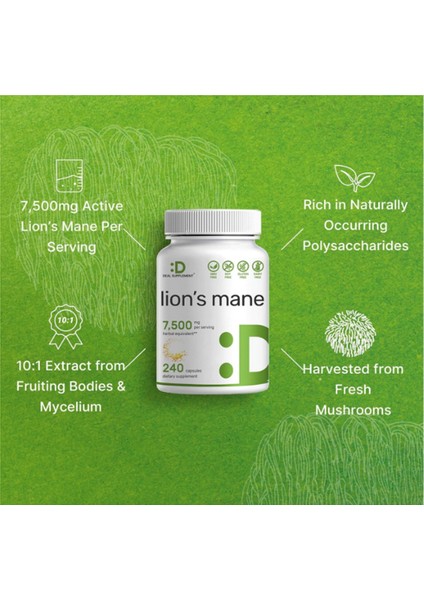 Lions Mane Mushroom Supplement 7 500*MG Per Serving 240* Capsules – Active Fruiting Body & Mycelium 10:1 Extract – Natural Brain Nootropic & Immune System Booster – Non-Gmo fırsatları