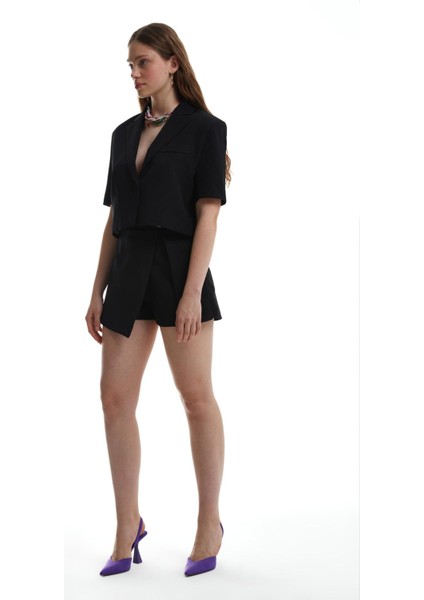 Kısa Kol Crop Blazer Ceket Siyah