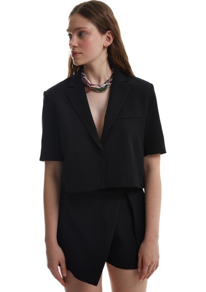 Kısa Kol Crop Blazer Ceket Siyah
