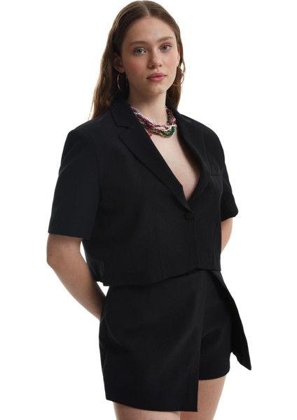 Kısa Kol Crop Blazer Ceket Siyah