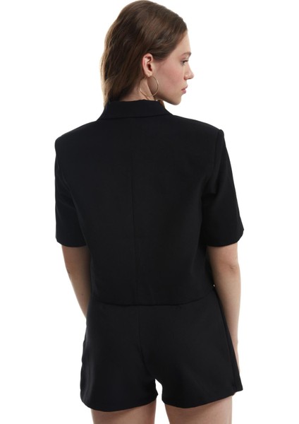 Kısa Kol Crop Blazer Ceket Siyah