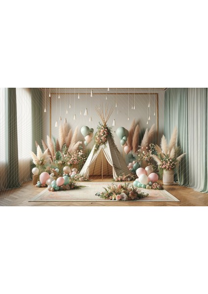 Pembe ve Yeşil Balonlarla Süslenmiş Çiçekli Çadır Temalı Arkaplan 200 x 150 cm Fon Duvar Örtüsü