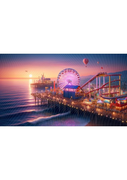 Gece Lunapark ve Balonlarla Aydınlanan Gün Batımı Temalı Arkaplan 200 x 150 cm Fon Duvar Örtüsü