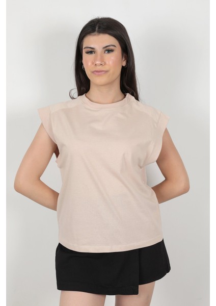Kadın Kısa Kollu Bej T-Shirt %100 Pamuk Kolları Ribanalı Bisiklet Yaka - 24503