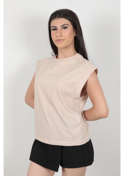 Kadın Kısa Kollu Bej T-Shirt %100 Pamuk Kolları Ribanalı Bisiklet Yaka - 24503