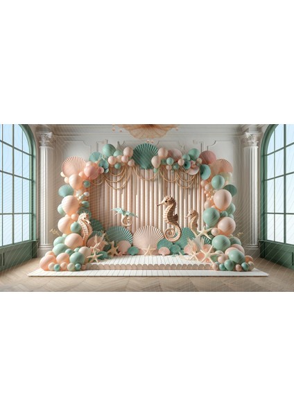 Deniz Atı ve Deniz Kabuğu Temalı Arkaplan 200 x 150 cm Fon Duvar Örtüsü