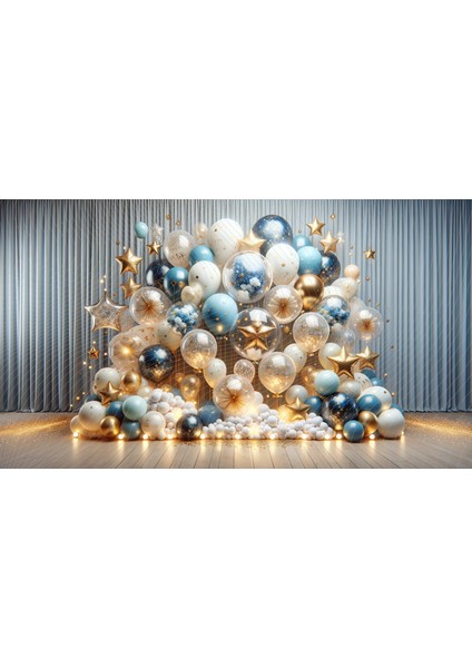 Altın ve Mavi Balonlarla Süslenmiş Yıldız Temalı Arkaplan 200 x 150 cm Fon Duvar Örtüsü