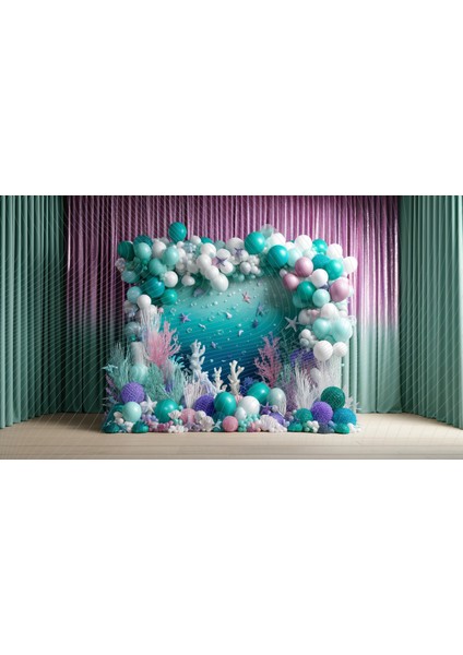 Denizaltı Temalı Renkli Balonlar ve Mercan Dekorasyonlu Arkaplan 200 x 150 cm Fon Duvar Örtüsü