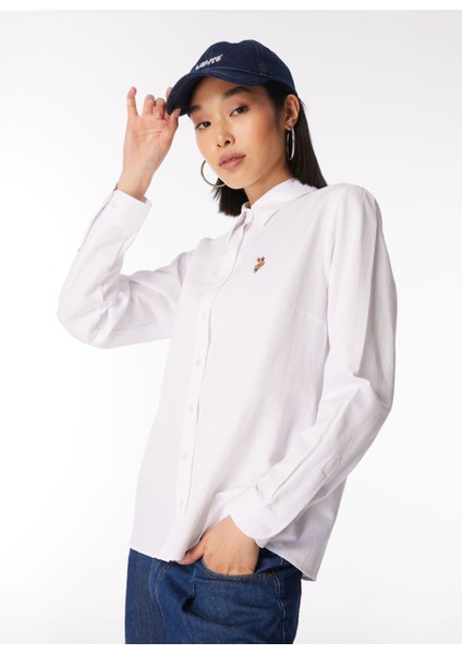 Slim Fit Gömlek Yaka Beyaz Kadın Gömlek WOXCOLOR024Y